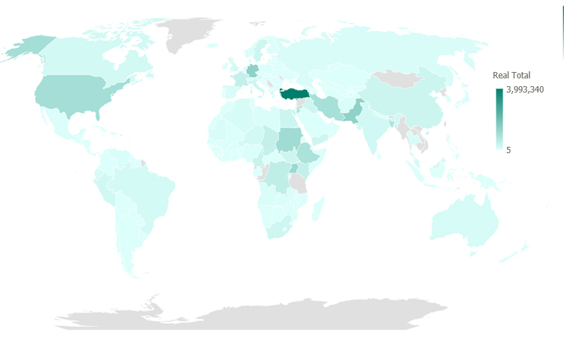Map showing countries where refugees reside